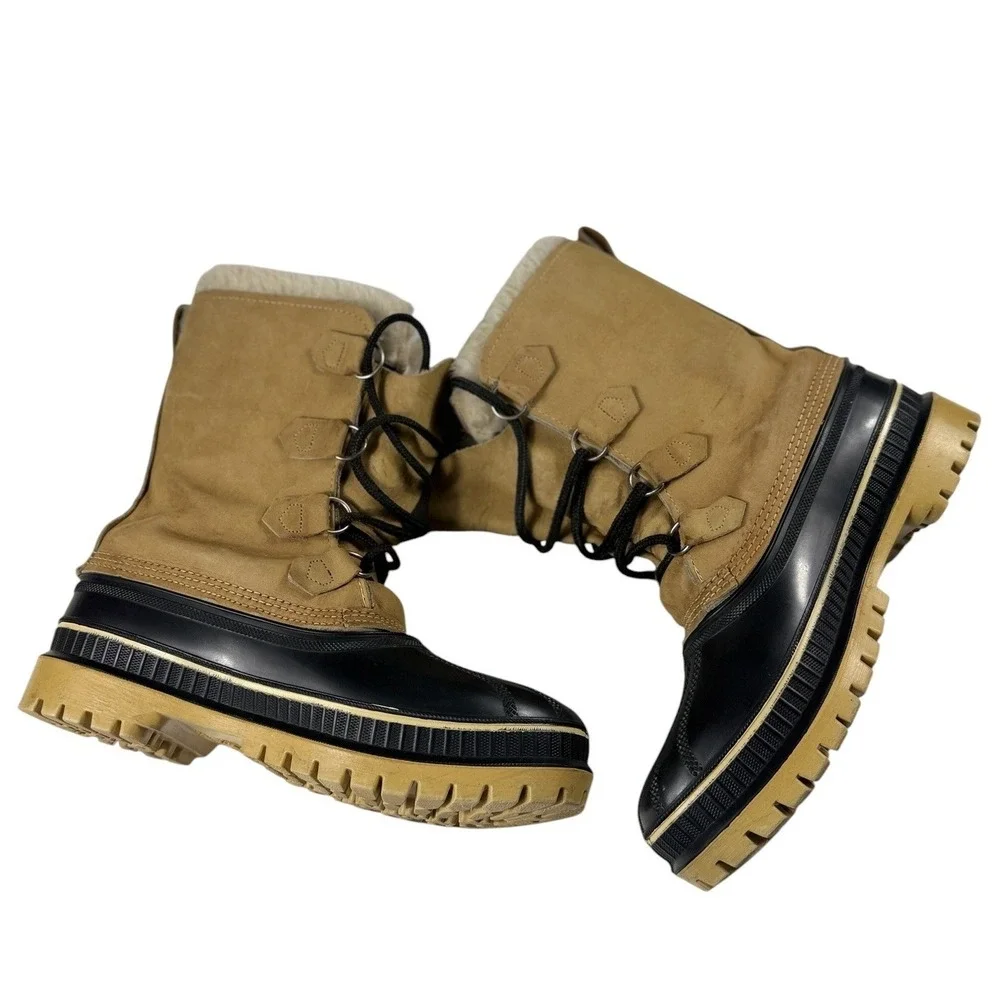 Sorel Kaufman Buffalo Winter Boots Mens 7 Made in Canada Tan Black Leather Wool